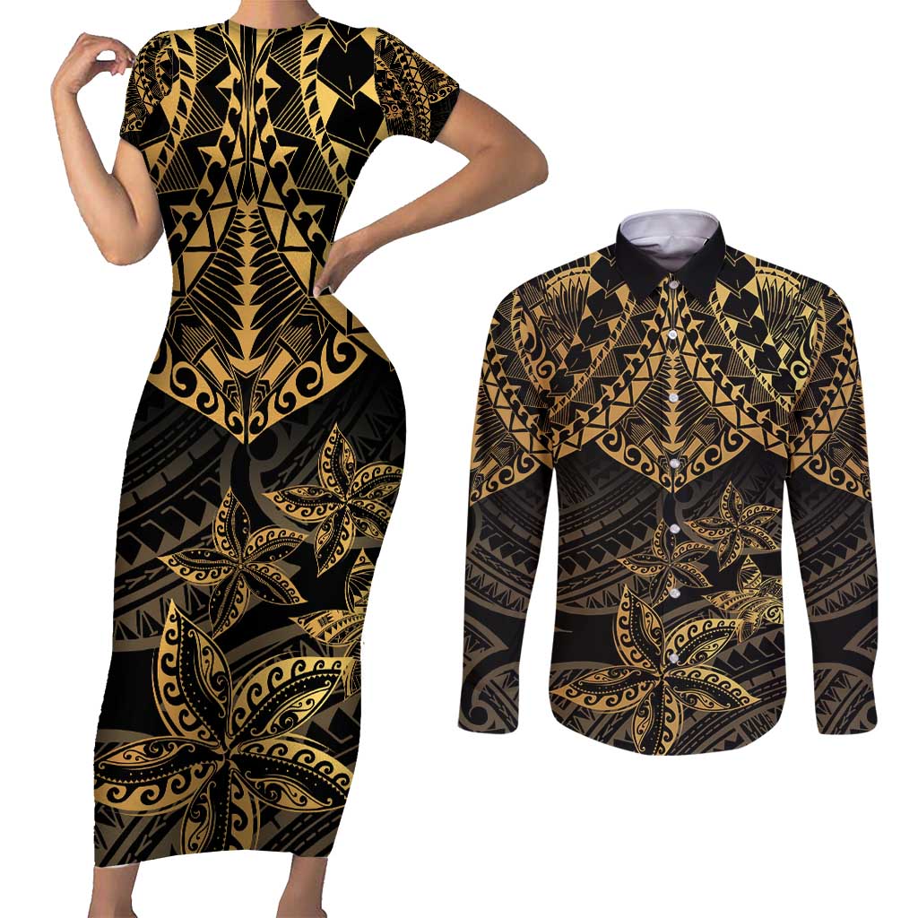 Black and Gold Polynesia Couples Matching Short Sleeve Bodycon Dress and Long Sleeve Button Shirt Plumeria Tattoo With Polynesian Pattern LT14 Black - Polynesian Pride