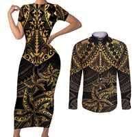 Black and Gold Polynesia Couples Matching Short Sleeve Bodycon Dress and Long Sleeve Button Shirt Plumeria Tattoo With Polynesian Pattern LT14 Black - Polynesian Pride