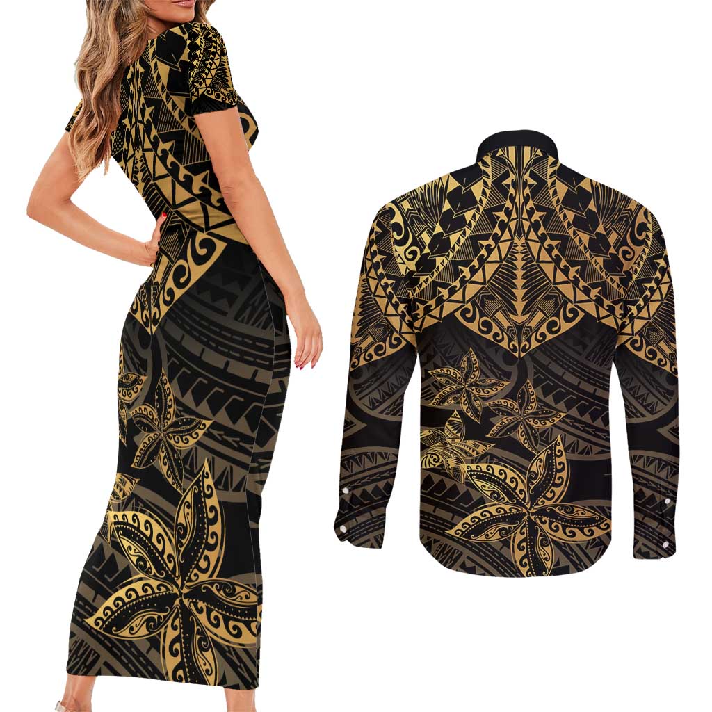 Black and Gold Polynesia Couples Matching Short Sleeve Bodycon Dress and Long Sleeve Button Shirt Plumeria Tattoo With Polynesian Pattern LT14 - Polynesian Pride