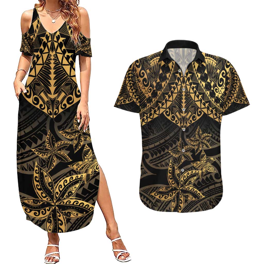 Black and Gold Polynesia Couples Matching Summer Maxi Dress and Hawaiian Shirt Plumeria Tattoo With Polynesian Pattern LT14 Black - Polynesian Pride