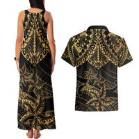 Black and Gold Polynesia Couples Matching Tank Maxi Dress and Hawaiian Shirt Plumeria Tattoo With Polynesian Pattern LT14 - Polynesian Pride