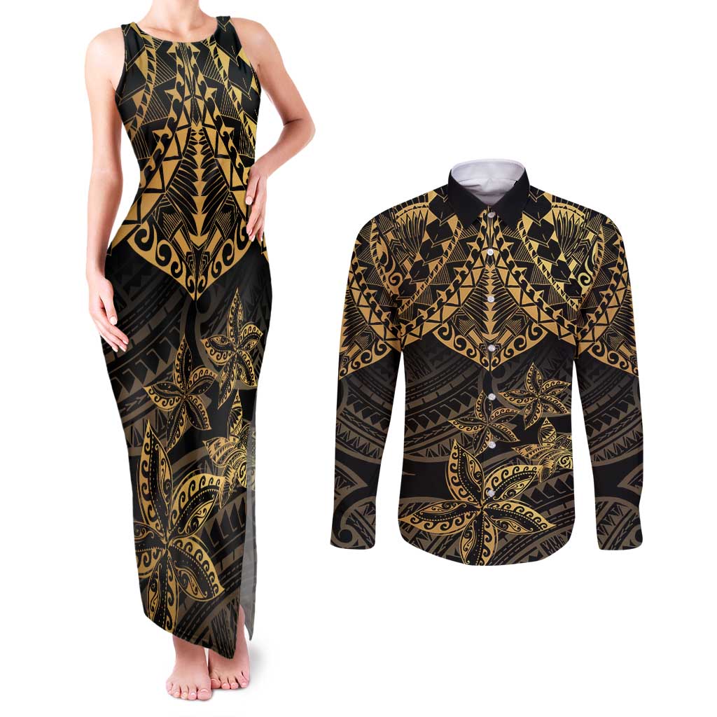 Black and Gold Polynesia Couples Matching Tank Maxi Dress and Long Sleeve Button Shirt Plumeria Tattoo With Polynesian Pattern LT14 Black - Polynesian Pride