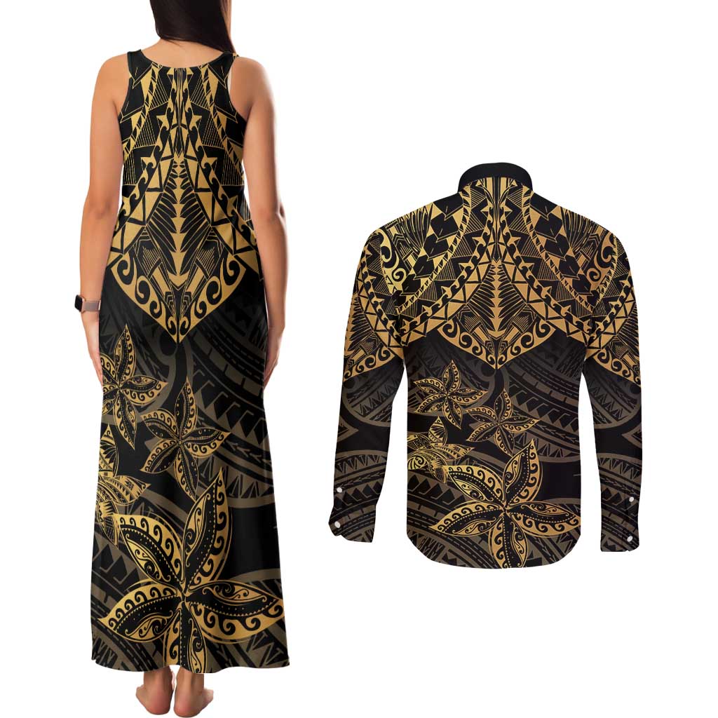 Black and Gold Polynesia Couples Matching Tank Maxi Dress and Long Sleeve Button Shirt Plumeria Tattoo With Polynesian Pattern LT14 - Polynesian Pride