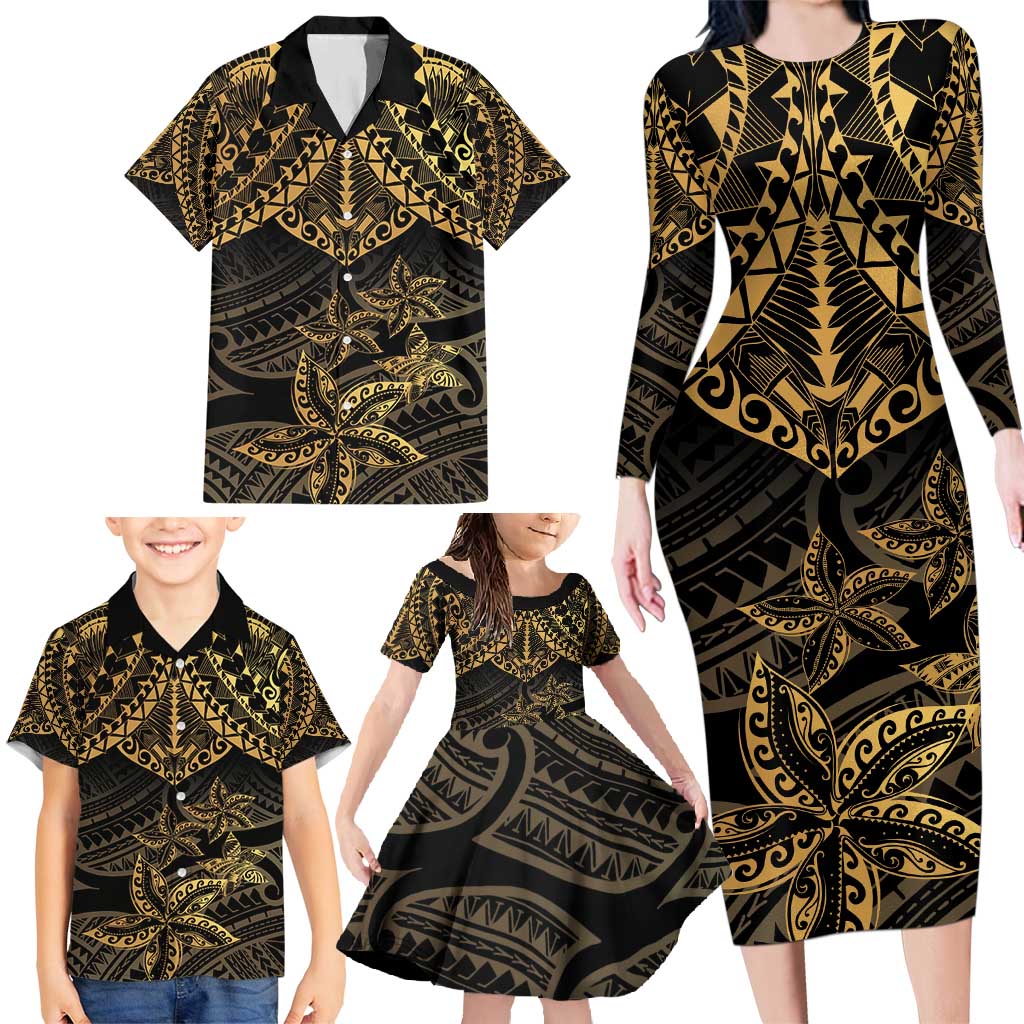 Black and Gold Polynesia Family Matching Long Sleeve Bodycon Dress and Hawaiian Shirt Plumeria Tattoo With Polynesian Pattern