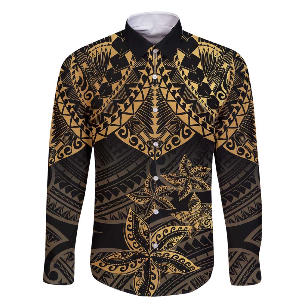 Black and Gold Polynesia Family Matching Long Sleeve Bodycon Dress and Hawaiian Shirt Plumeria Tattoo With Polynesian Pattern