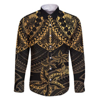 Black and Gold Polynesia Family Matching Off The Shoulder Long Sleeve Dress and Hawaiian Shirt Plumeria Tattoo With Polynesian Pattern