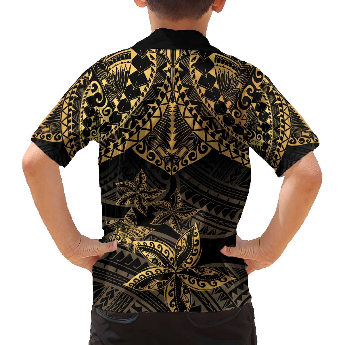 Black and Gold Polynesia Family Matching Off Shoulder Short Dress and Hawaiian Shirt Plumeria Tattoo With Polynesian Pattern LT14 - Polynesian Pride