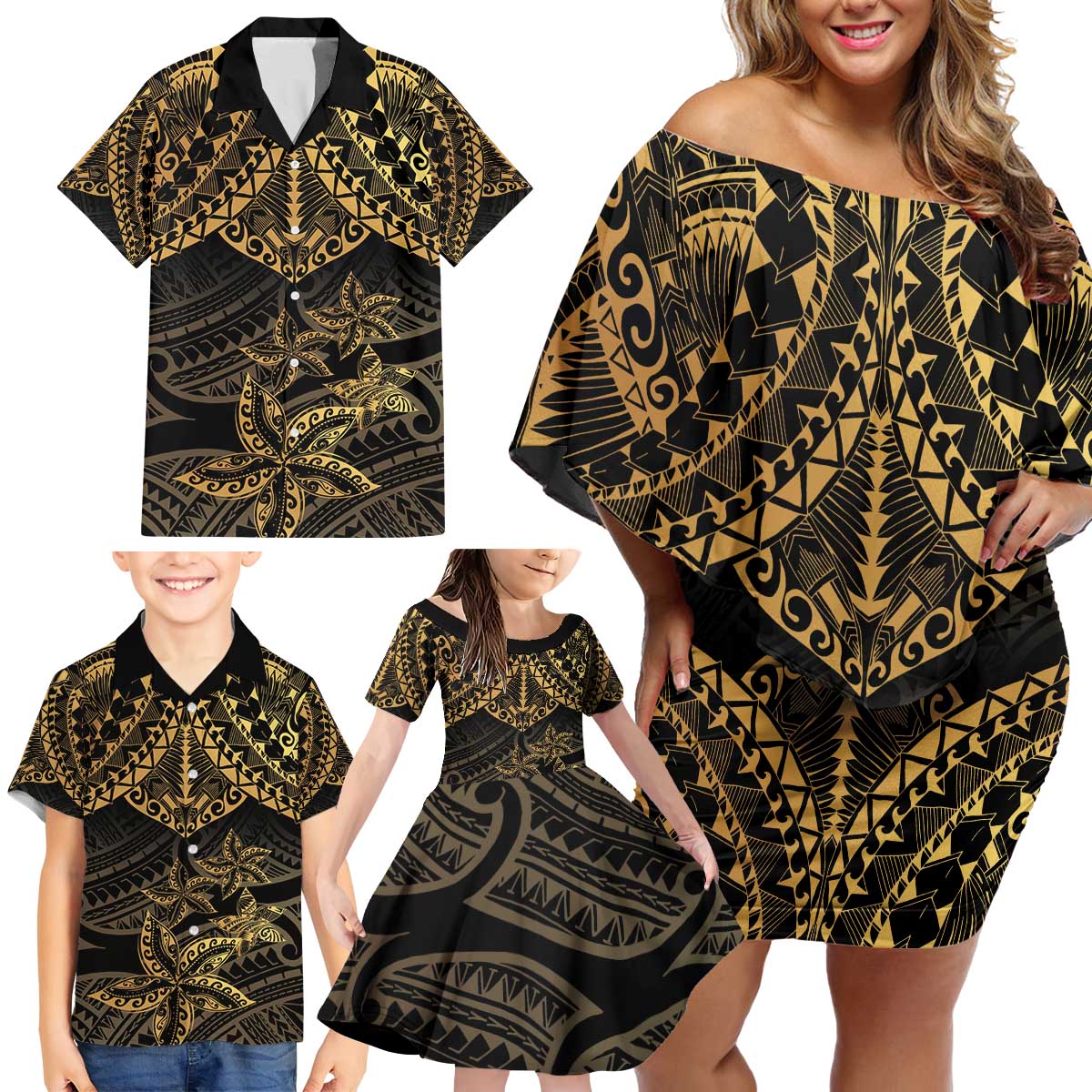 Black and Gold Polynesia Family Matching Off Shoulder Short Dress and Hawaiian Shirt Plumeria Tattoo With Polynesian Pattern