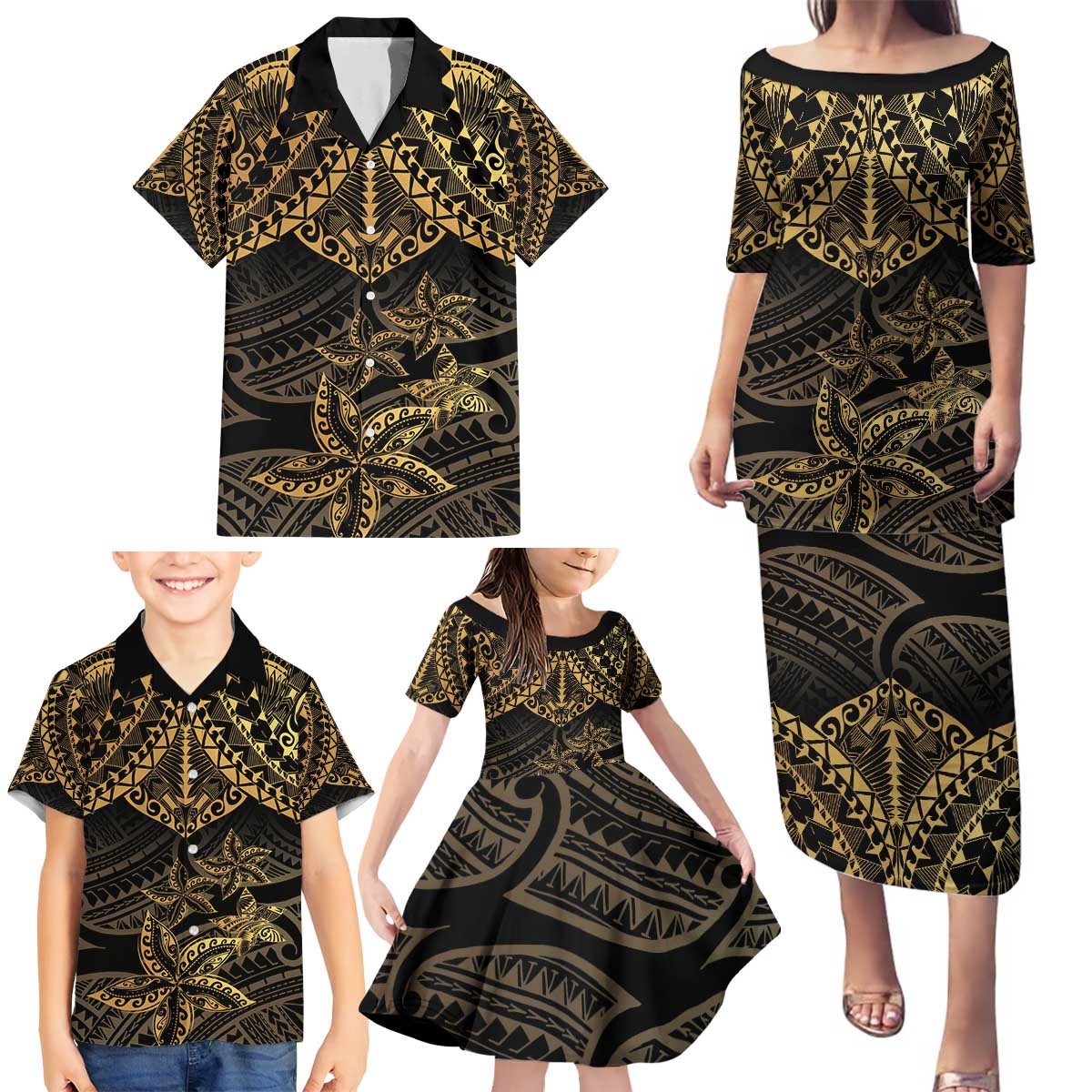 Black and Gold Polynesia Family Matching Puletasi and Hawaiian Shirt Plumeria Tattoo With Polynesian Pattern