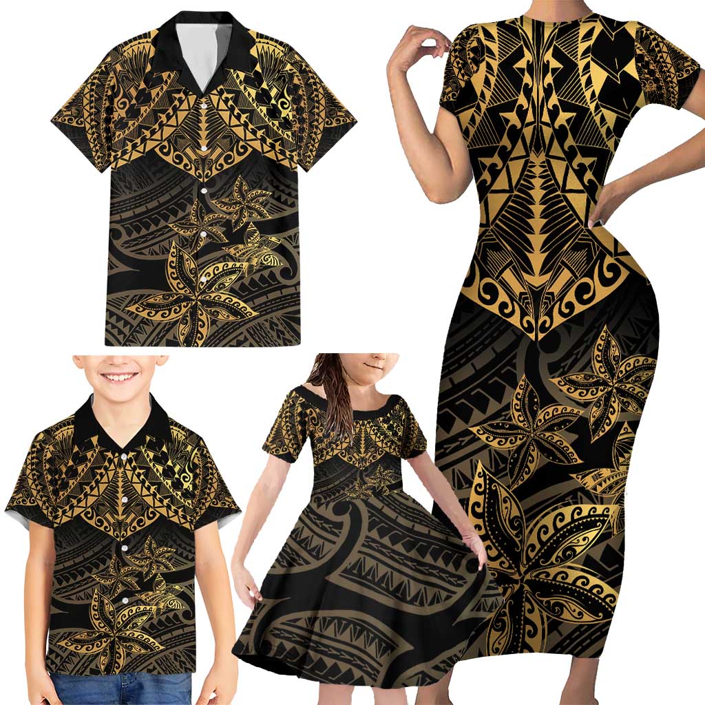 Black and Gold Polynesia Family Matching Short Sleeve Bodycon Dress and Hawaiian Shirt Plumeria Tattoo With Polynesian Pattern