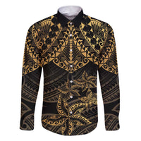 Black and Gold Polynesia Family Matching Short Sleeve Bodycon Dress and Hawaiian Shirt Plumeria Tattoo With Polynesian Pattern