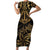 Black and Gold Polynesia Family Matching Short Sleeve Bodycon Dress and Hawaiian Shirt Plumeria Tattoo With Polynesian Pattern