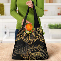 Black and Gold Polynesia Grocery Bag Plumeria Tattoo With Polynesian Pattern LT14 - Polynesian Pride