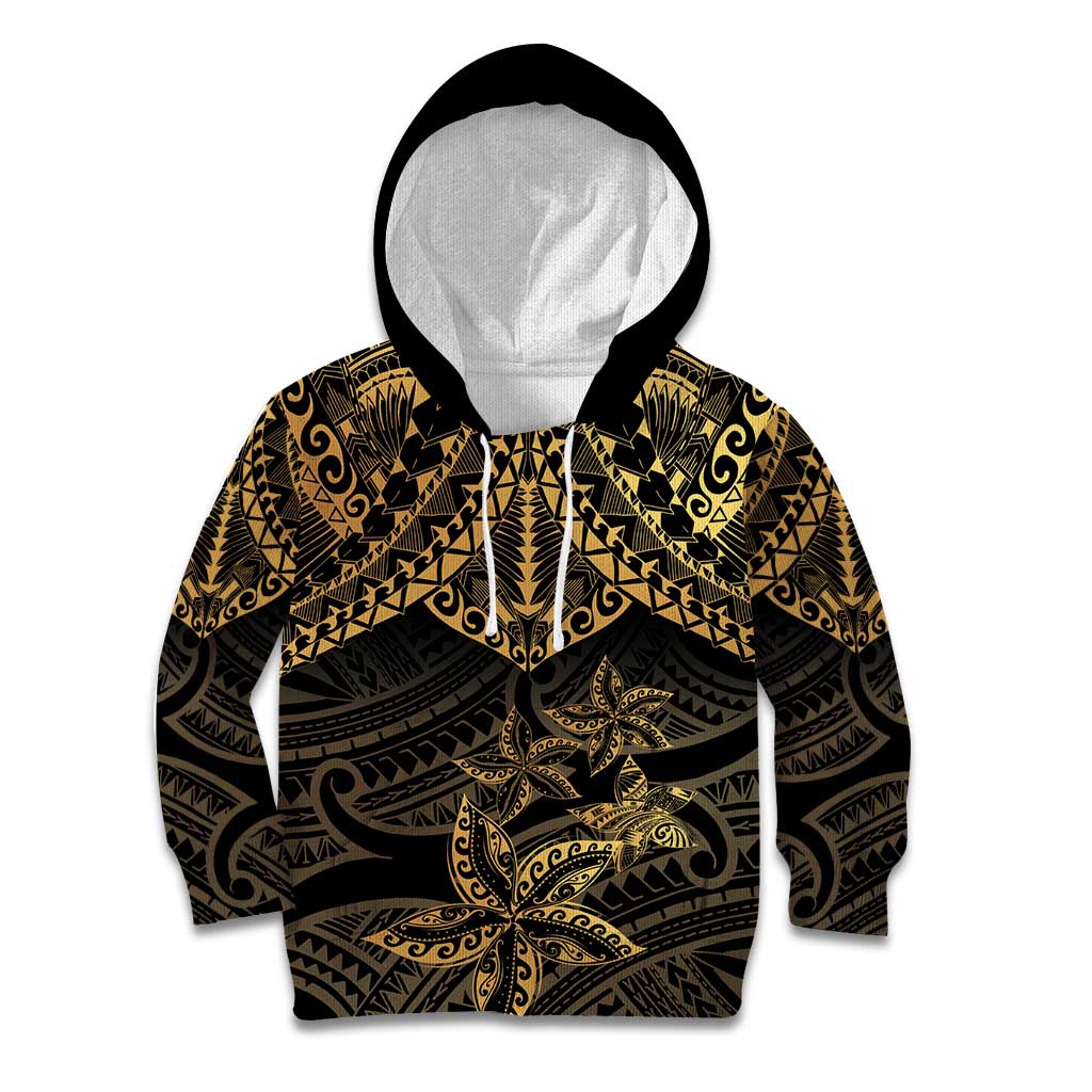 Black and Gold Polynesia Kid Hoodie Plumeria Tattoo With Polynesian Pattern