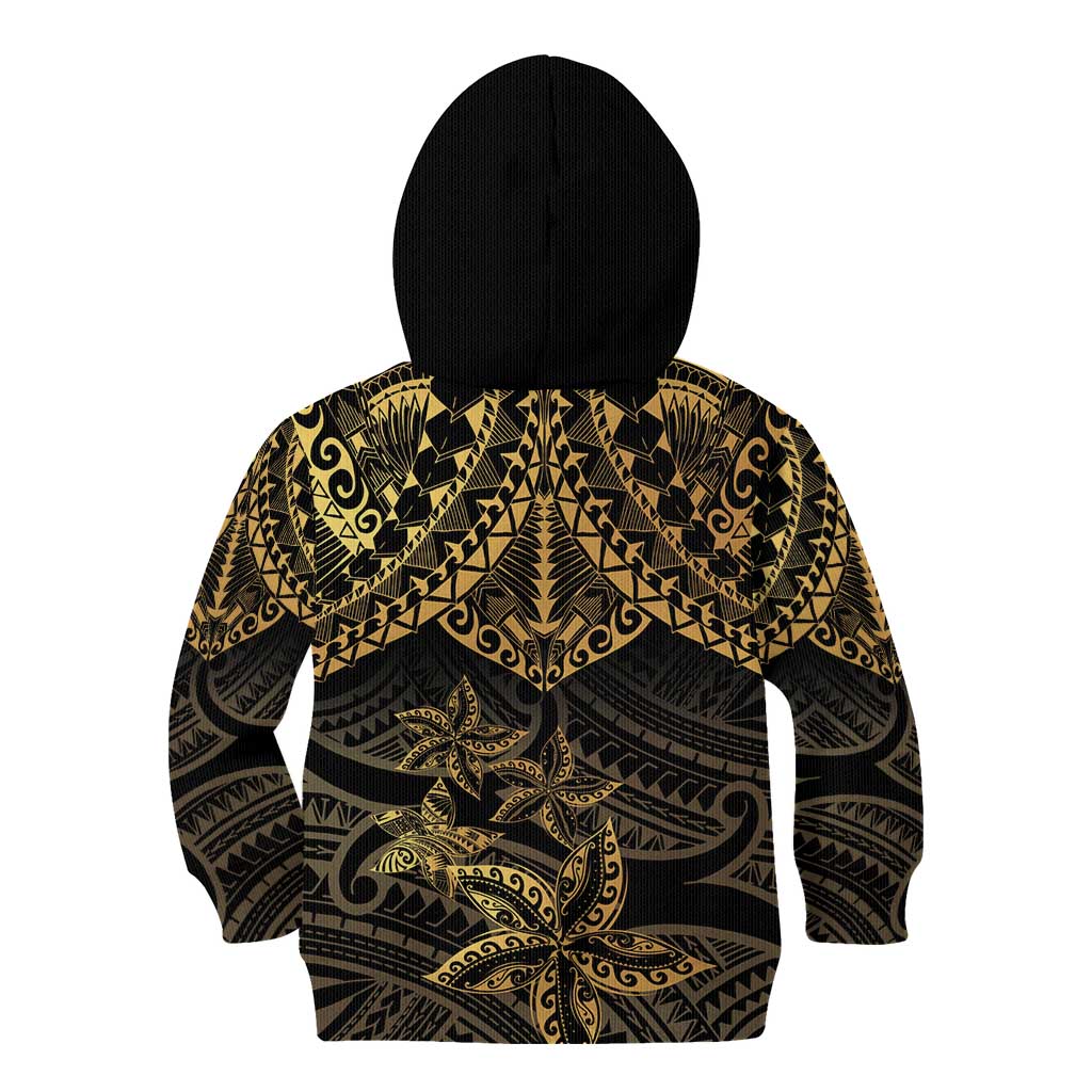 Black and Gold Polynesia Kid Hoodie Plumeria Tattoo With Polynesian Pattern
