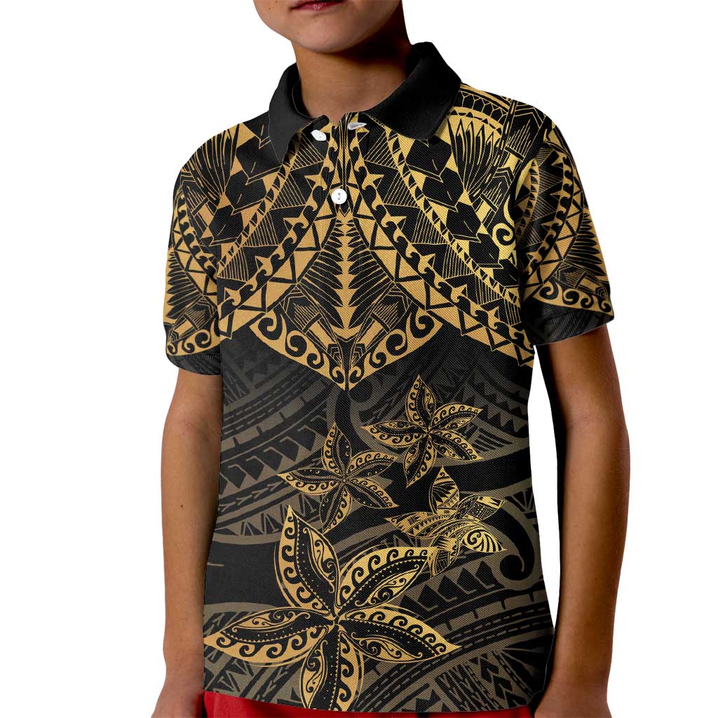Black and Gold Polynesia Kid Polo Shirt Plumeria Tattoo With Polynesian Pattern