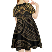 Black and Gold Polynesia Kid Short Sleeve Dress Plumeria Tattoo With Polynesian Pattern