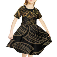 Black and Gold Polynesia Kid Short Sleeve Dress Plumeria Tattoo With Polynesian Pattern