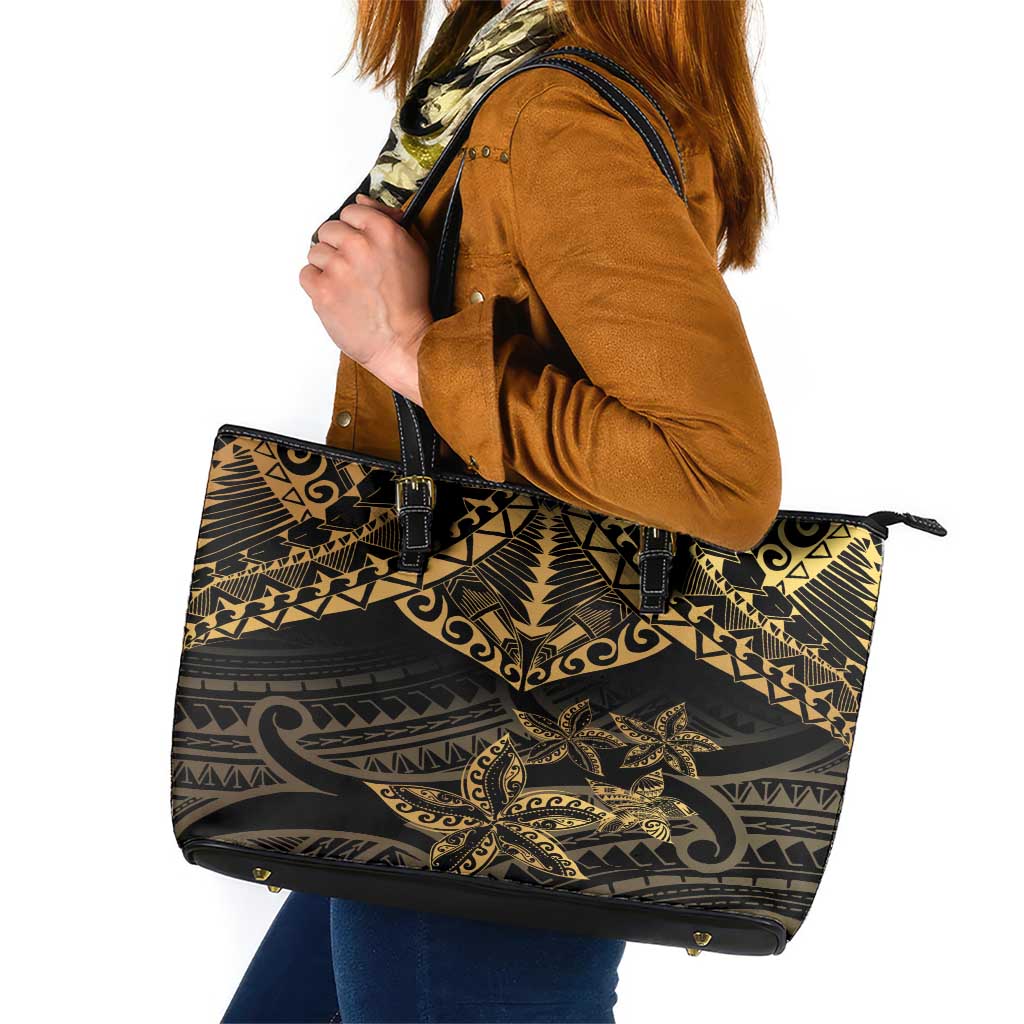 Black and Gold Polynesia Leather Tote Bag Plumeria Tattoo With Polynesian Pattern