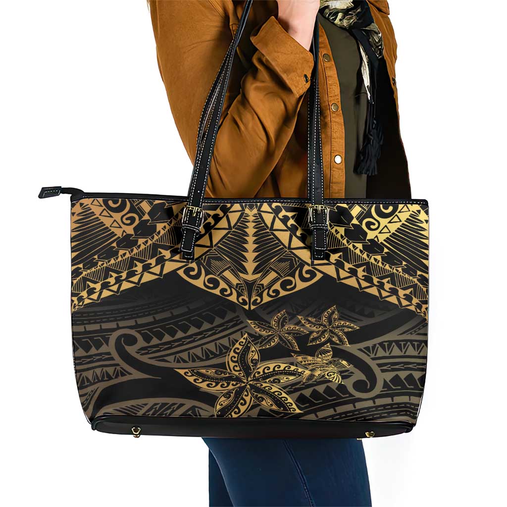 Black and Gold Polynesia Leather Tote Bag Plumeria Tattoo With Polynesian Pattern LT14 - Polynesian Pride