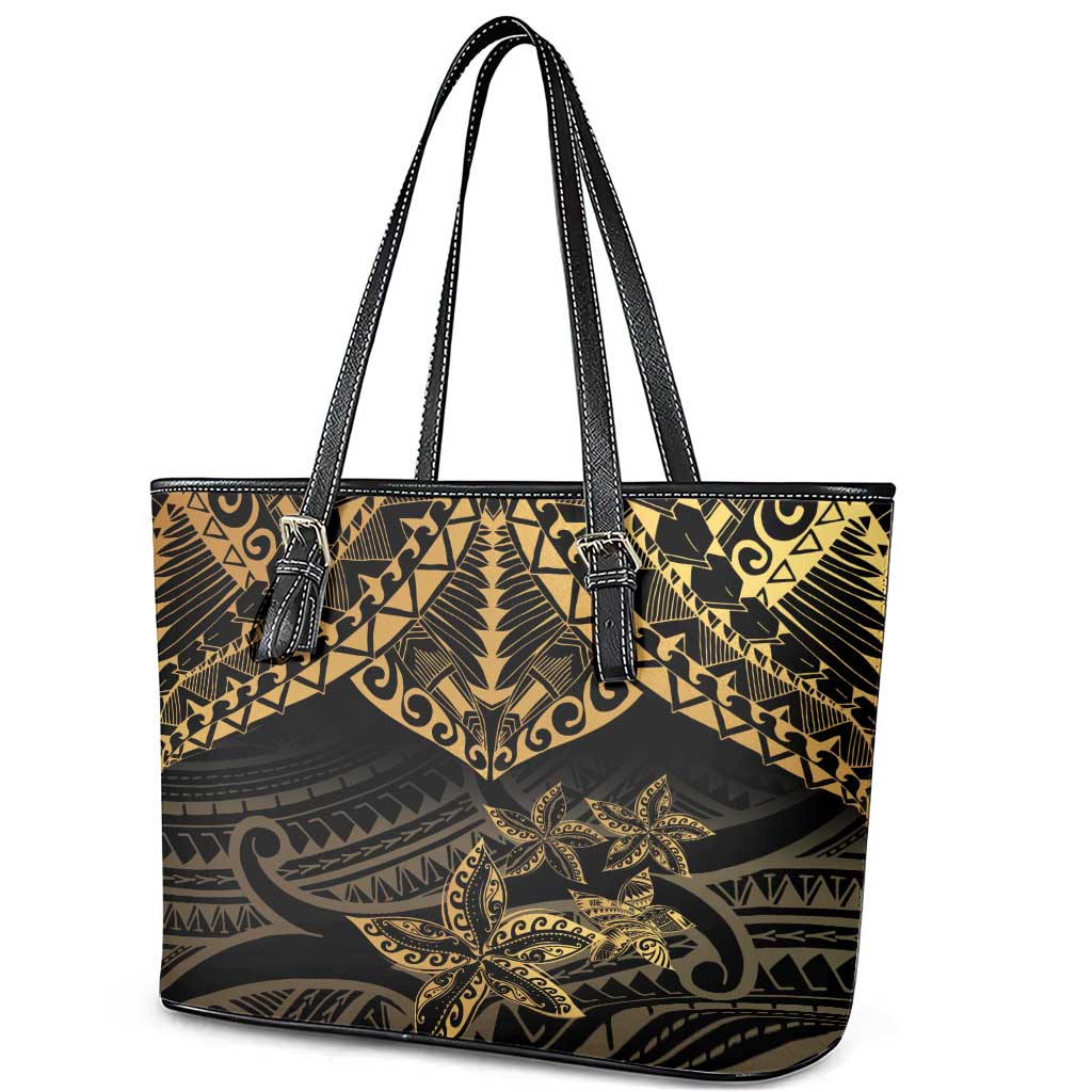 Black and Gold Polynesia Leather Tote Bag Plumeria Tattoo With Polynesian Pattern LT14 - Polynesian Pride