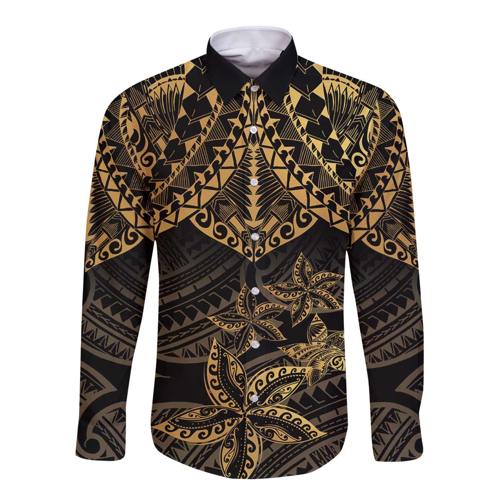 Black and Gold Polynesia Long Sleeve Button Shirt Plumeria Tattoo With Polynesian Pattern