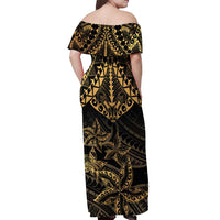 Black and Gold Polynesia Off Shoulder Maxi Dress Plumeria Tattoo With Polynesian Pattern LT14 - Polynesian Pride