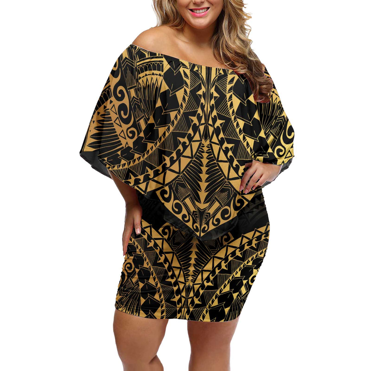 Black and Gold Polynesia Off Shoulder Short Dress Plumeria Tattoo With Polynesian Pattern LT14 Women Black - Polynesian Pride