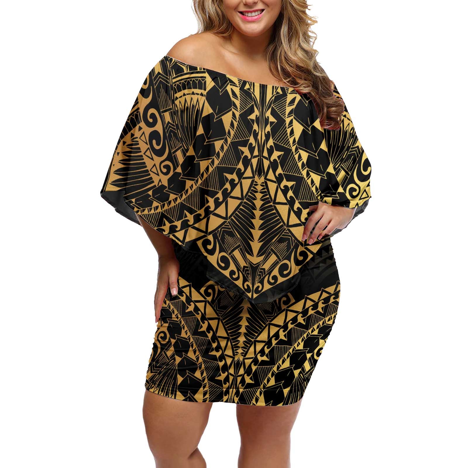 Black and Gold Polynesia Off Shoulder Short Dress Plumeria Tattoo With Polynesian Pattern LT14 Women Black - Polynesian Pride
