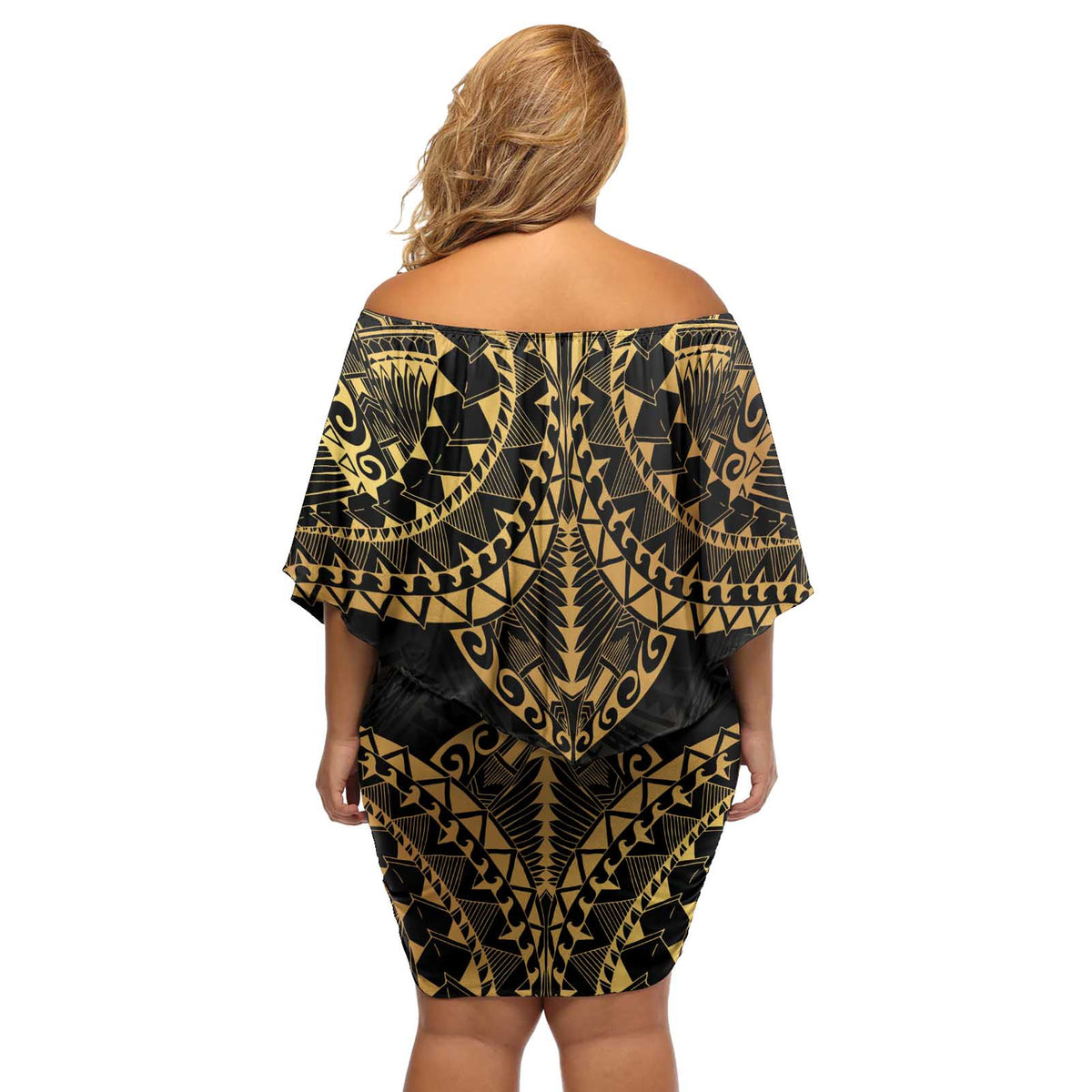 Black and Gold Polynesia Off Shoulder Short Dress Plumeria Tattoo With Polynesian Pattern LT14 - Polynesian Pride