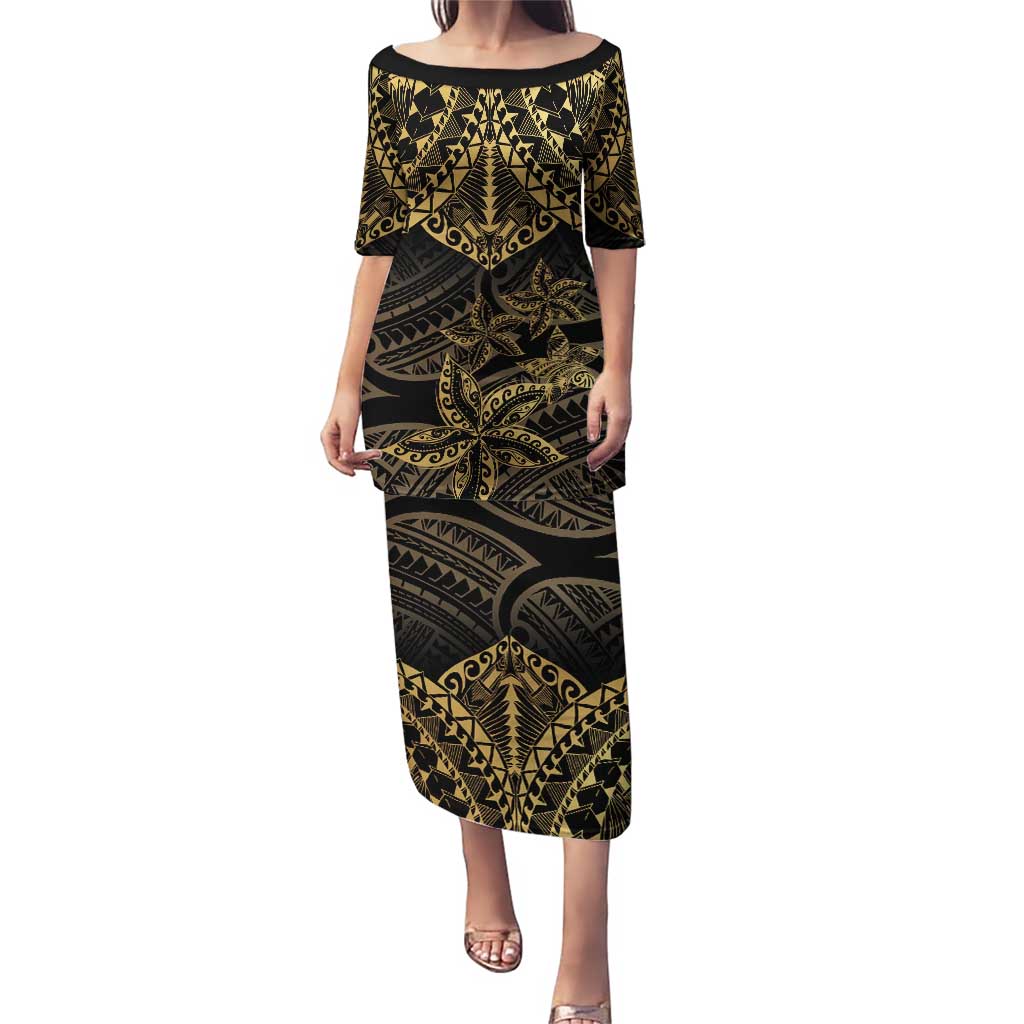 Black and Gold Polynesia Puletasi Plumeria Tattoo With Polynesian Pattern LT14 Long Dress Black - Polynesian Pride