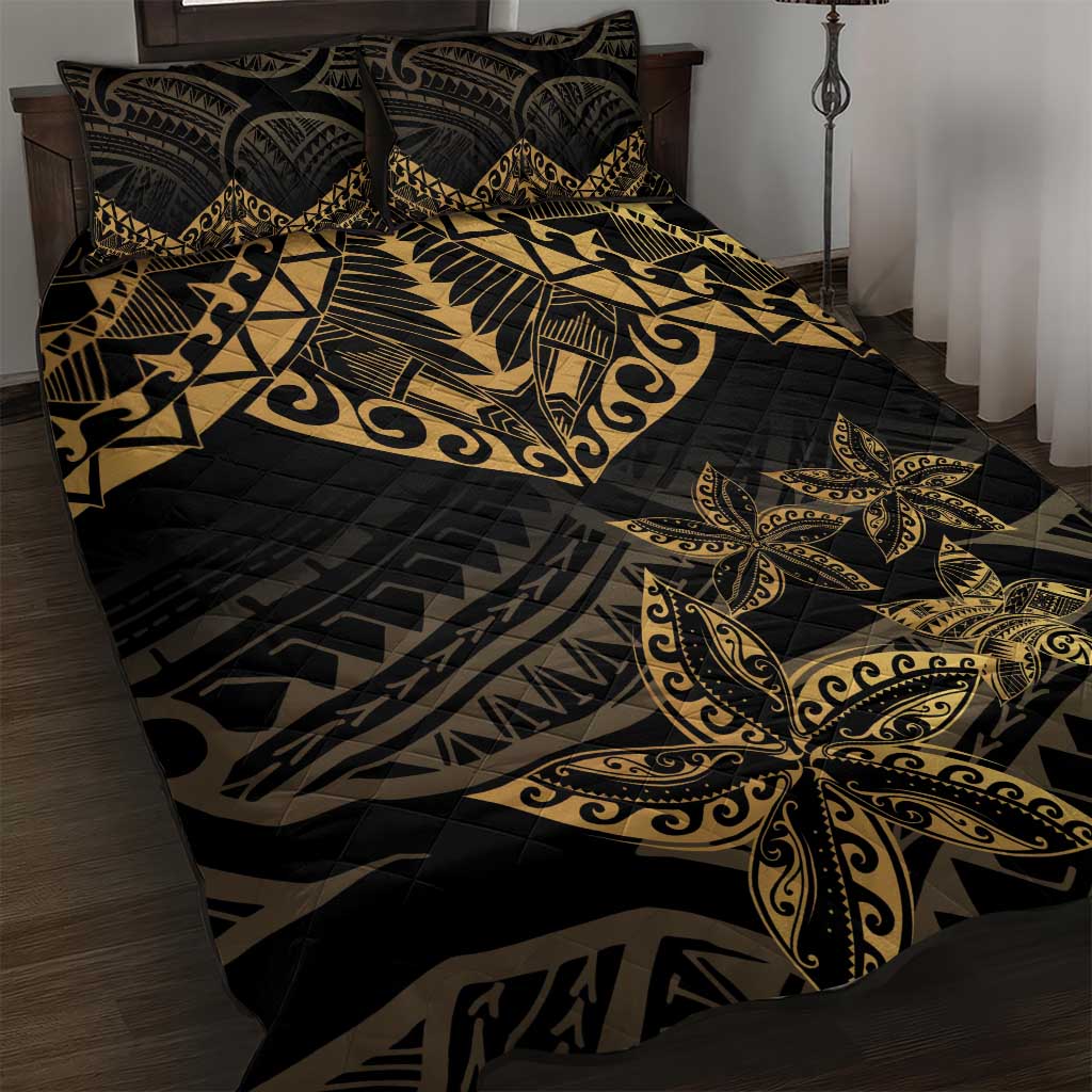 Black and Gold Polynesia Quilt Bed Set Plumeria Tattoo With Polynesian Pattern