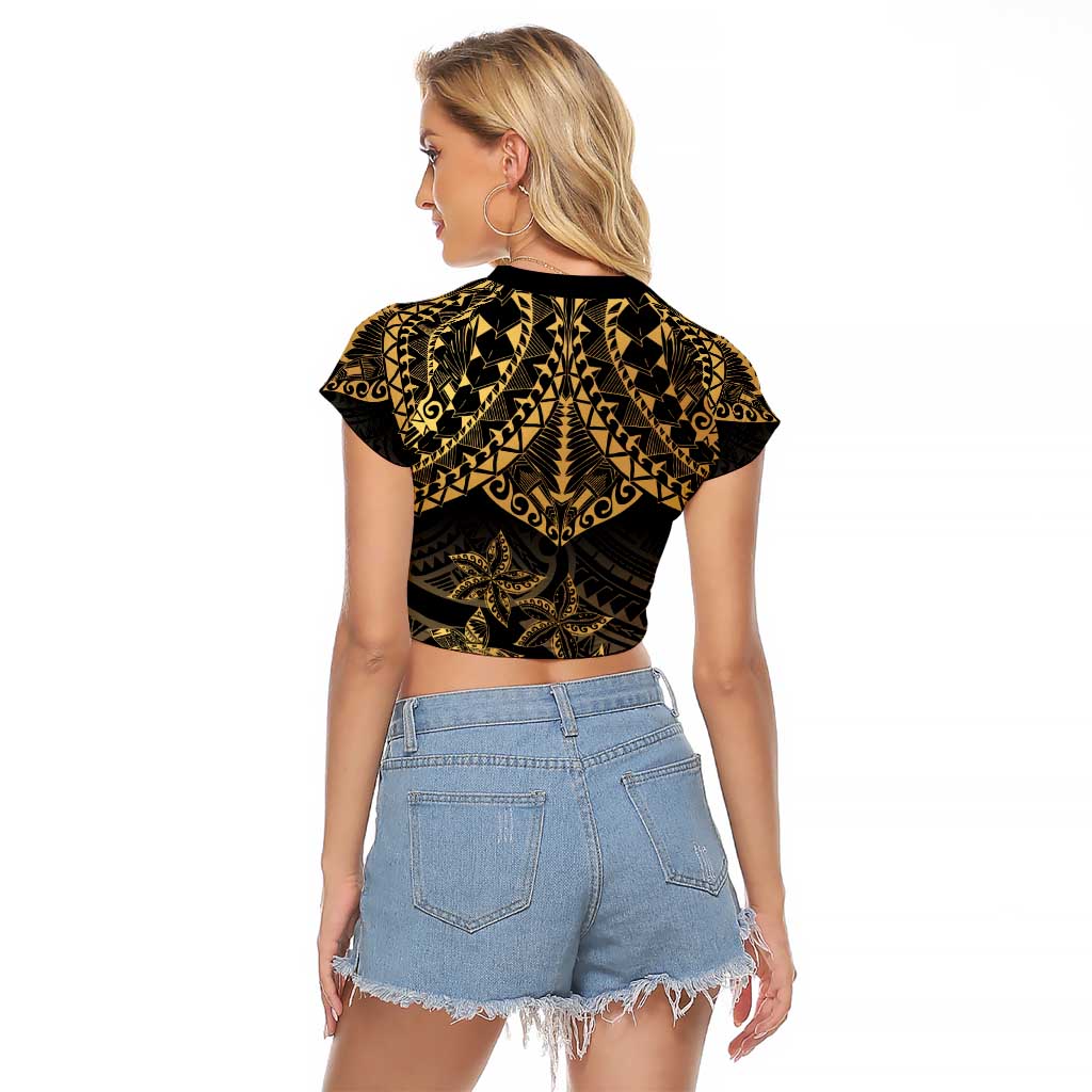 Black and Gold Polynesia Raglan Cropped T Shirt Plumeria Tattoo With Polynesian Pattern LT14 - Polynesian Pride