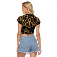 Black and Gold Polynesia Raglan Cropped T Shirt Plumeria Tattoo With Polynesian Pattern LT14 - Polynesian Pride
