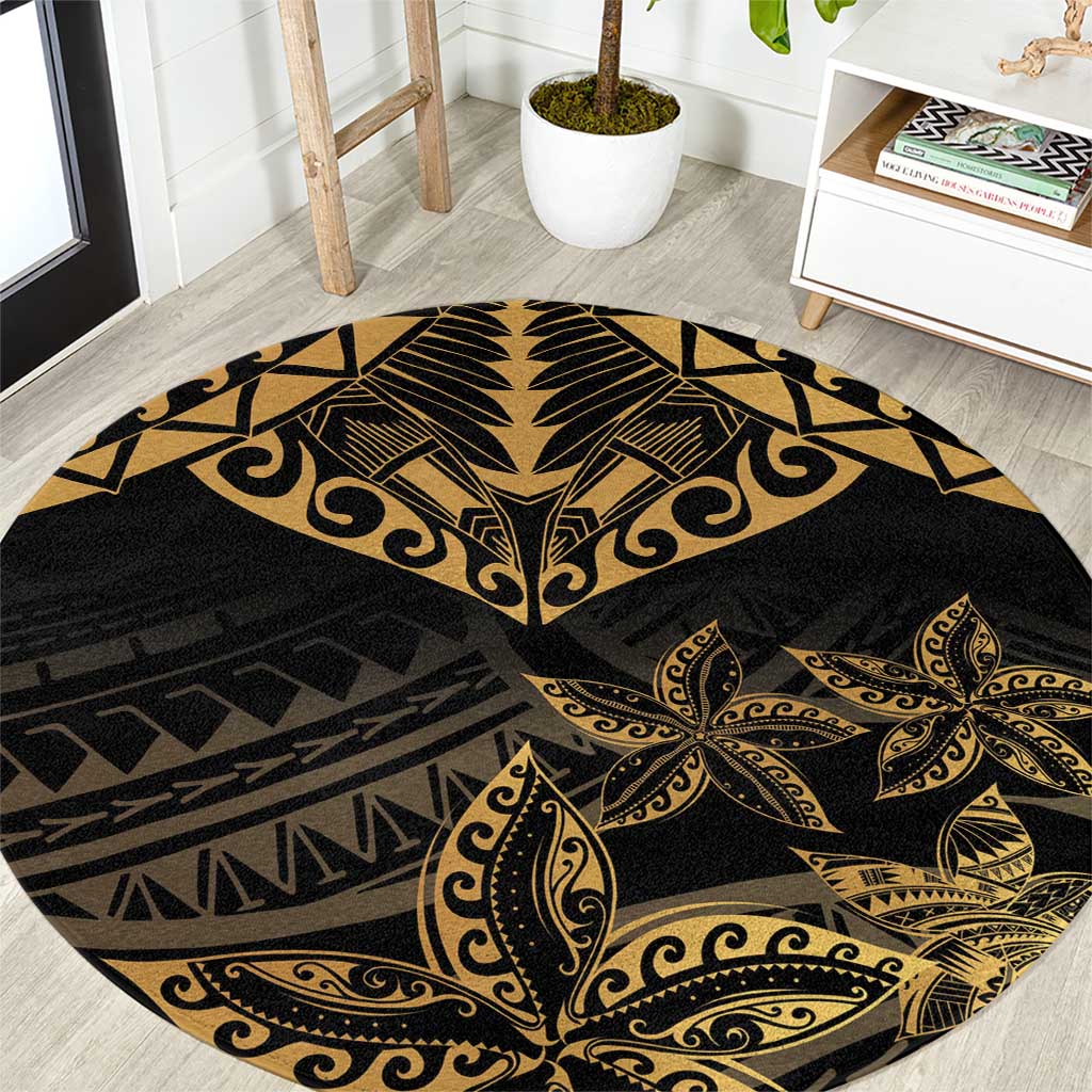 Black and Gold Polynesia Round Carpet Plumeria Tattoo With Polynesian Pattern