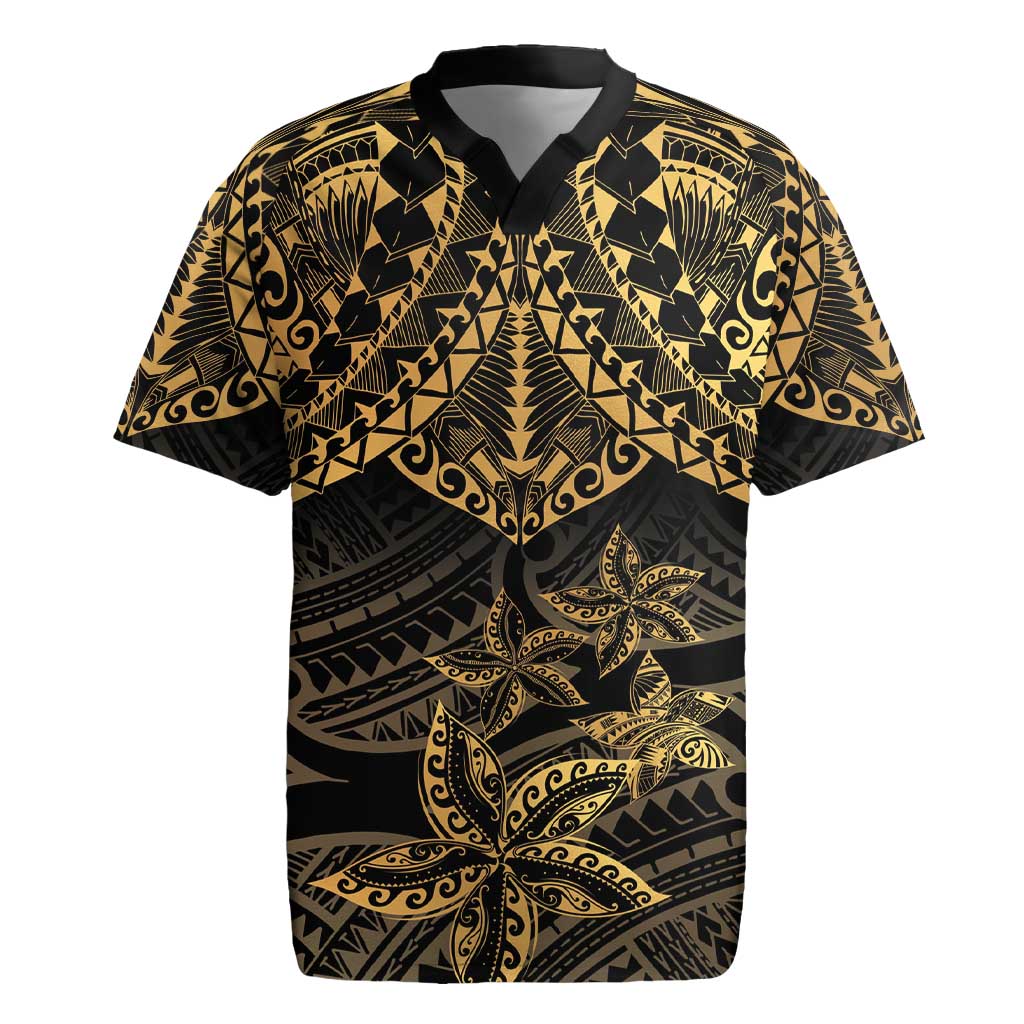 Black and Gold Polynesia Rugby Jersey Plumeria Tattoo With Polynesian Pattern LT14 Black - Polynesian Pride