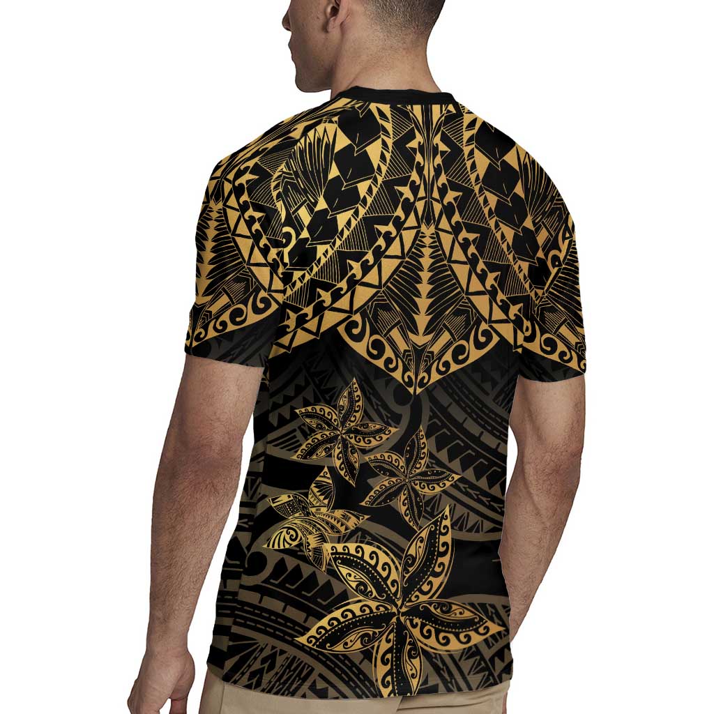 Black and Gold Polynesia Rugby Jersey Plumeria Tattoo With Polynesian Pattern LT14 - Polynesian Pride