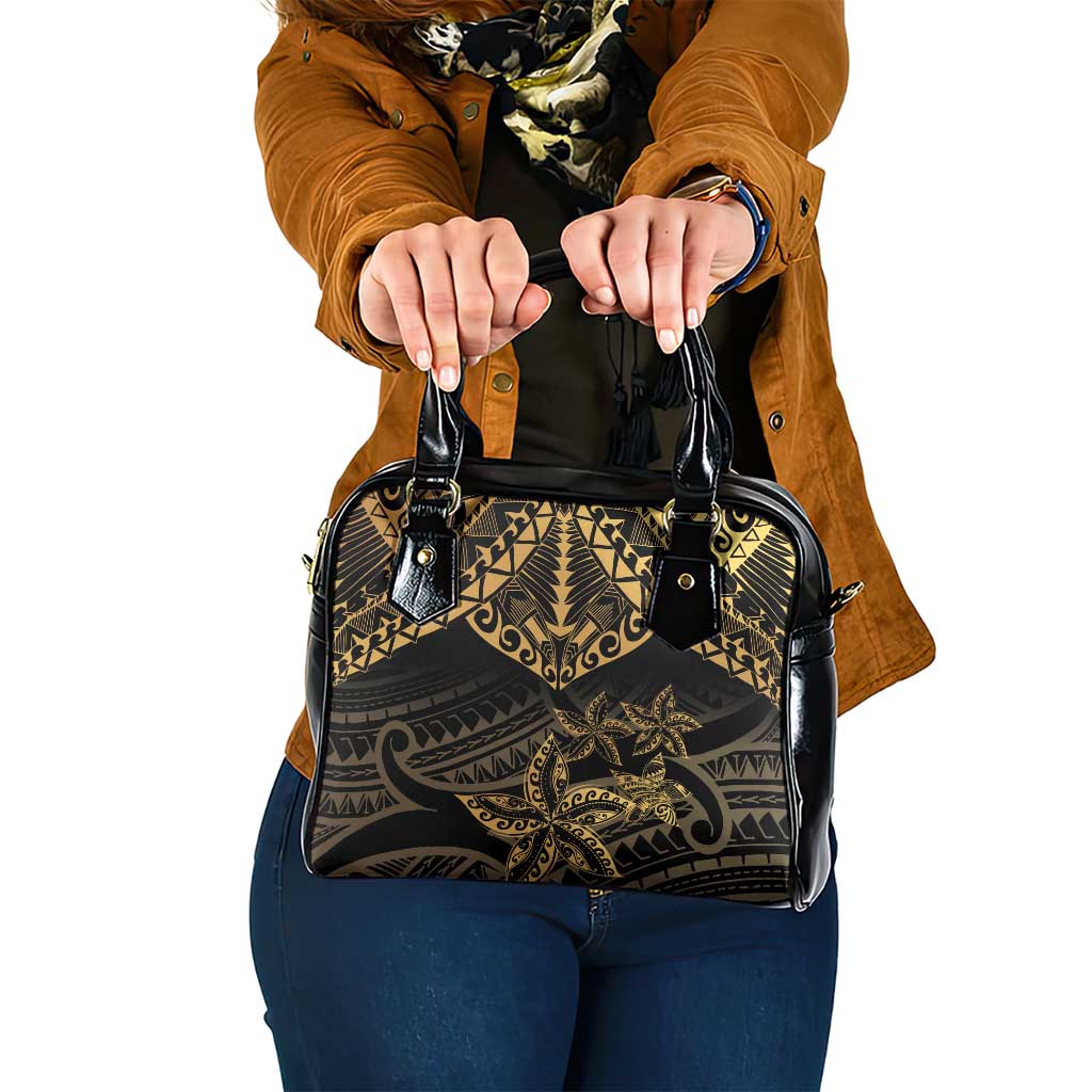 Black and Gold Polynesia Shoulder Handbag Plumeria Tattoo With Polynesian Pattern