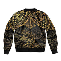 Black and Gold Polynesia Sleeve Zip Bomber Jacket Plumeria Tattoo With Polynesian Pattern
