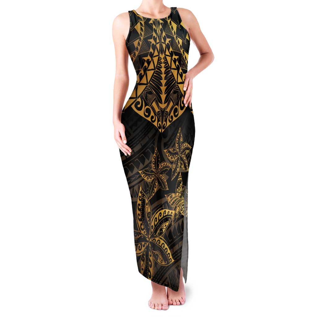 Black and Gold Polynesia Tank Maxi Dress Plumeria Tattoo With Polynesian Pattern