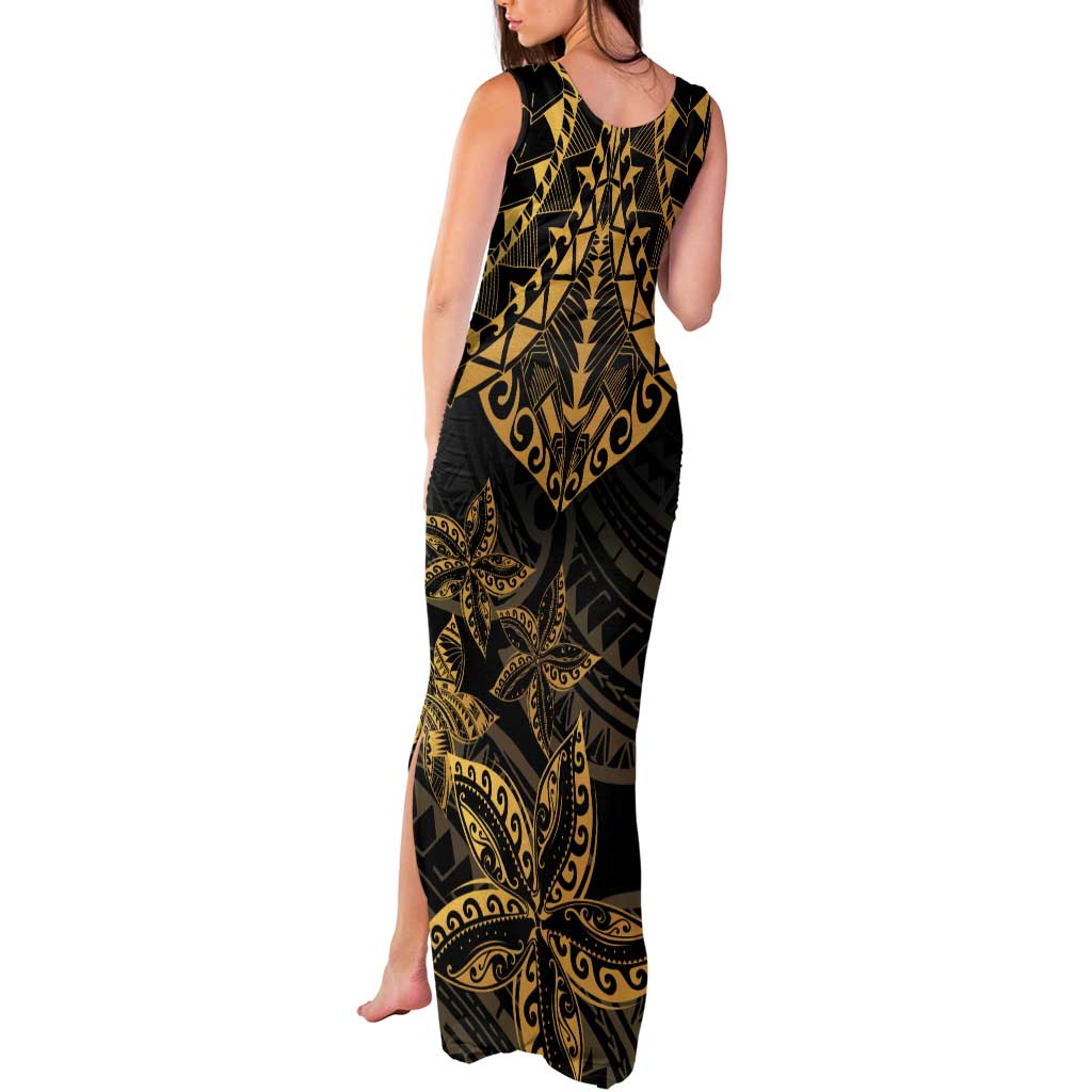 Black and Gold Polynesia Tank Maxi Dress Plumeria Tattoo With Polynesian Pattern LT14 - Polynesian Pride