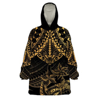 Black and Gold Polynesia Wearable Blanket Hoodie Plumeria Tattoo With Polynesian Pattern LT14 One Size Black - Polynesian Pride