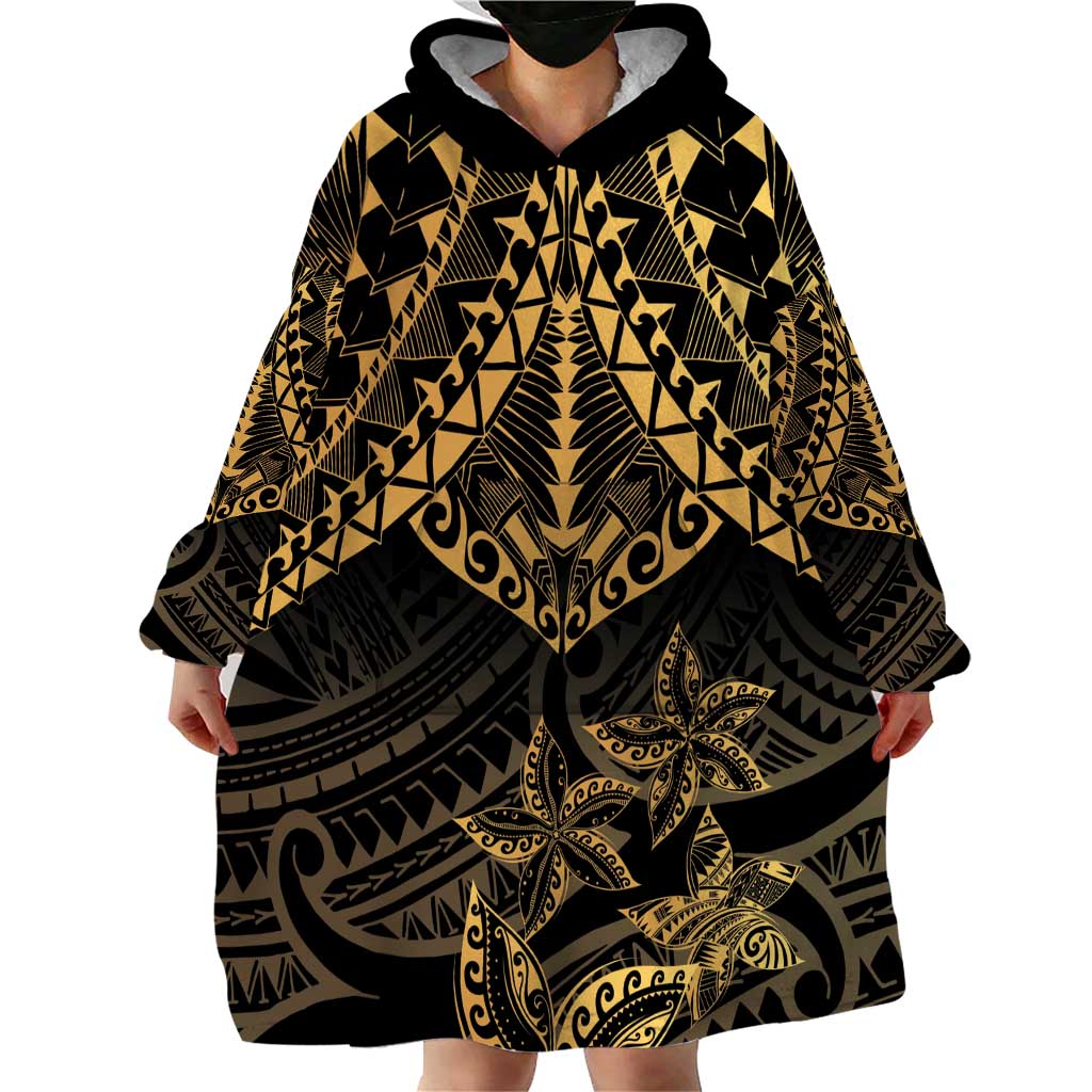 Black and Gold Polynesia Wearable Blanket Hoodie Plumeria Tattoo With Polynesian Pattern LT14 - Polynesian Pride