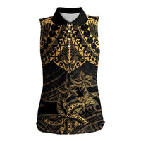 Black and Gold Polynesia Women Sleeveless Polo Shirt Plumeria Tattoo With Polynesian Pattern