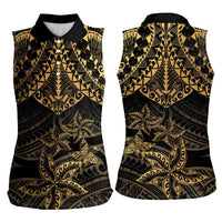 Black and Gold Polynesia Women Sleeveless Polo Shirt Plumeria Tattoo With Polynesian Pattern