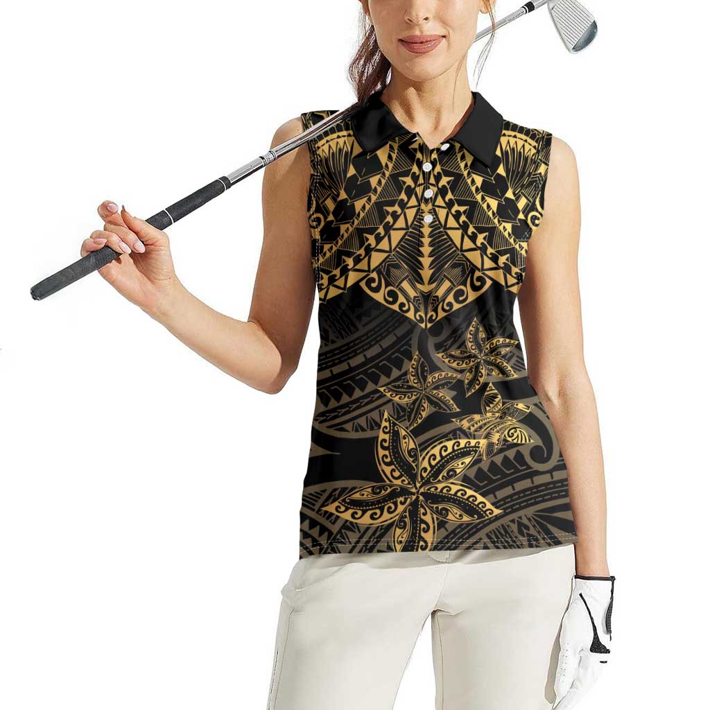 Black and Gold Polynesia Women Sleeveless Polo Shirt Plumeria Tattoo With Polynesian Pattern