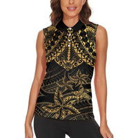 Black and Gold Polynesia Women Sleeveless Polo Shirt Plumeria Tattoo With Polynesian Pattern