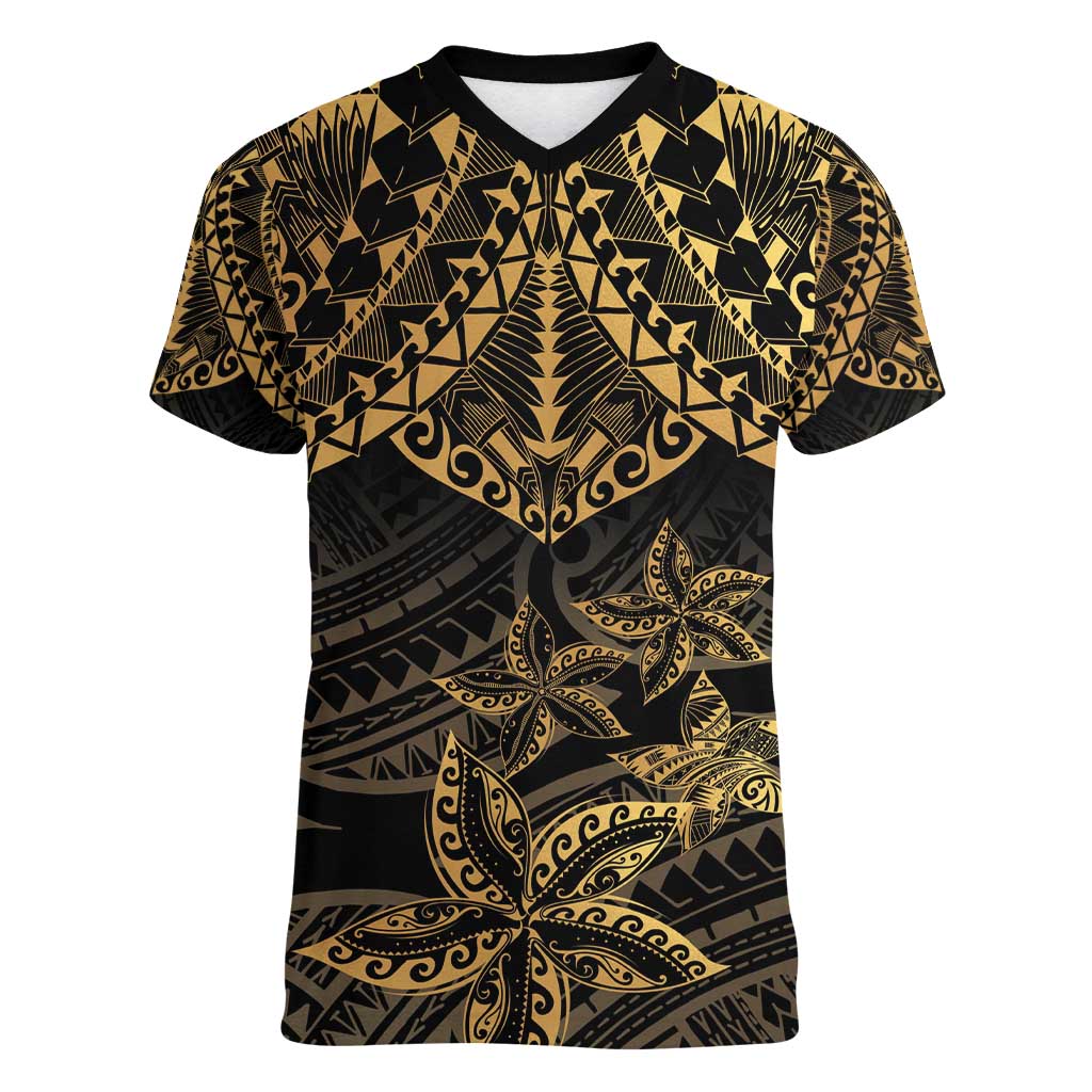 Black and Gold Polynesia Women V-Neck T-Shirt Plumeria Tattoo With Polynesian Pattern LT14 Female Black - Polynesian Pride