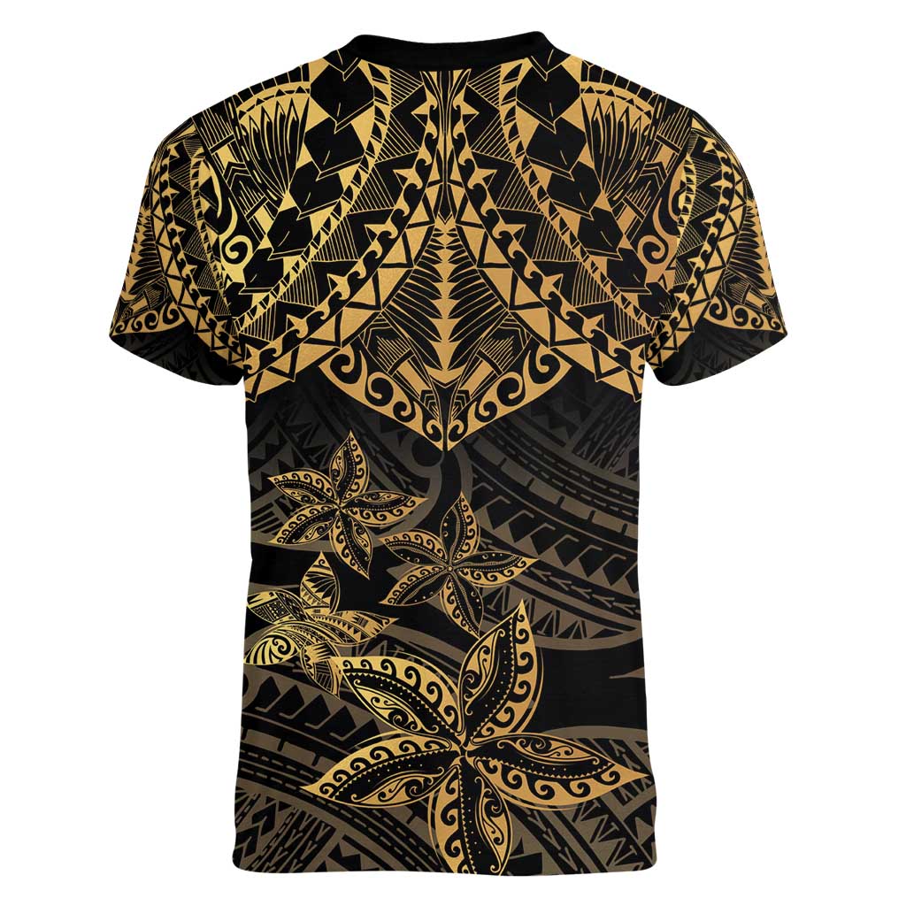 Black and Gold Polynesia Women V-Neck T-Shirt Plumeria Tattoo With Polynesian Pattern LT14 - Polynesian Pride