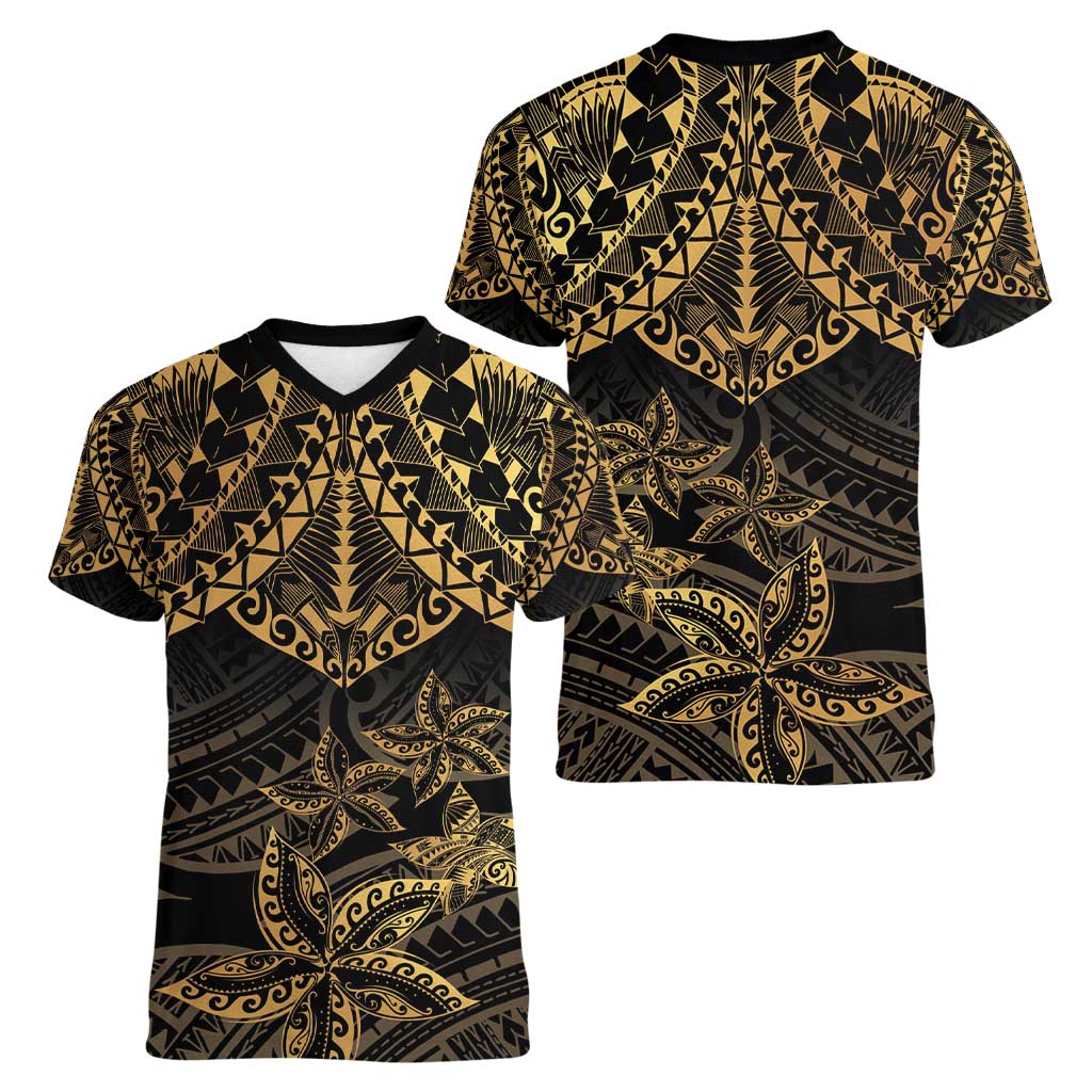 Black and Gold Polynesia Women V-Neck T-Shirt Plumeria Tattoo With Polynesian Pattern LT14 - Polynesian Pride